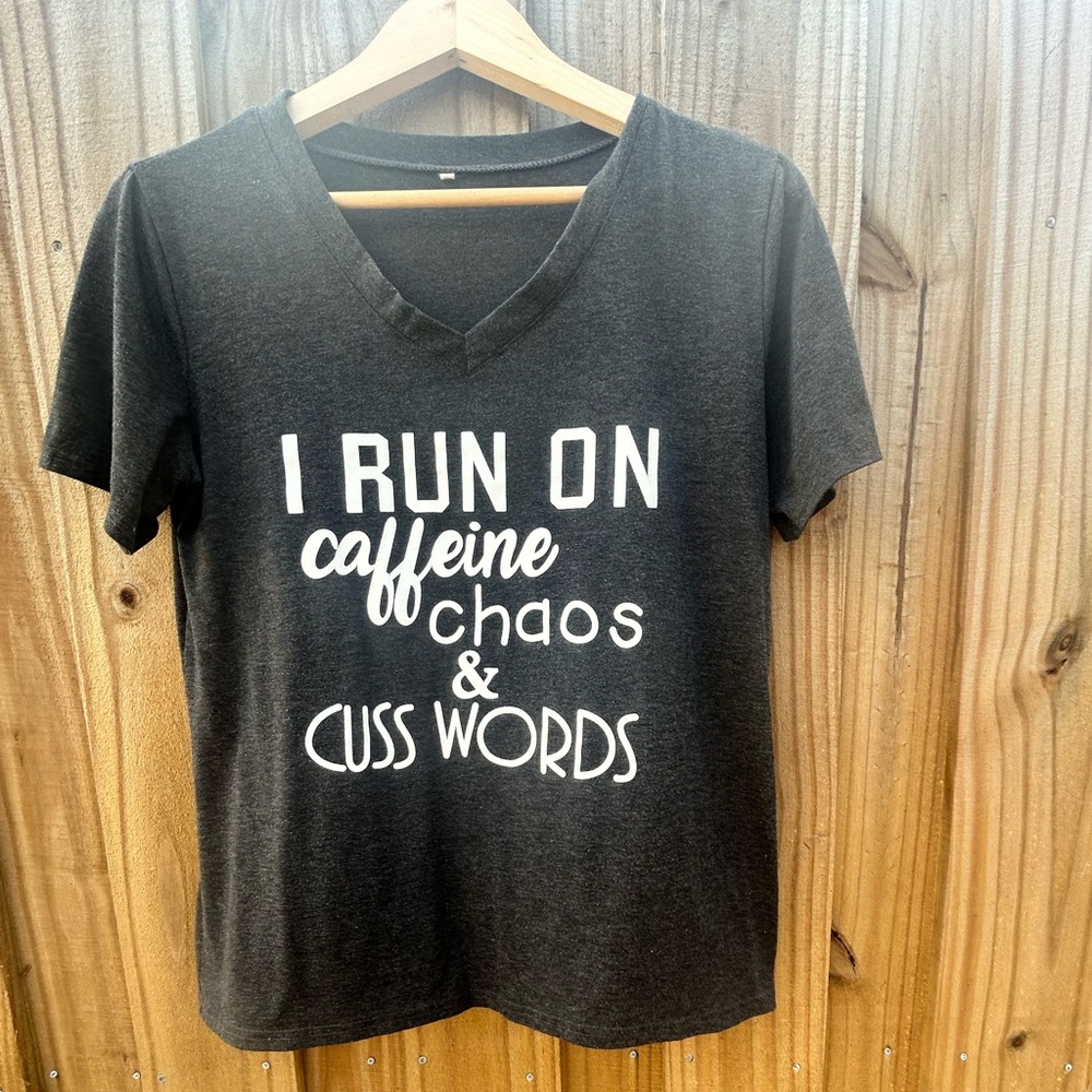 I Run On Caffeine & Cuss Words Graphic V-Neck Tee - Charcoal gray short sleeve